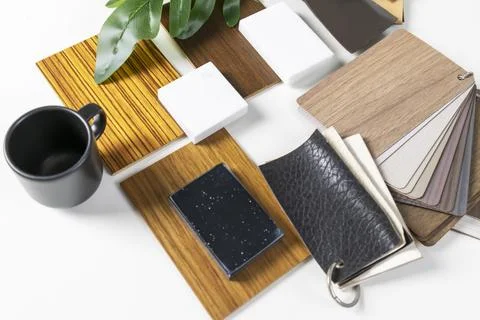 Interior materials include laminated planks, real wood, white stone materia.. Stock Photos