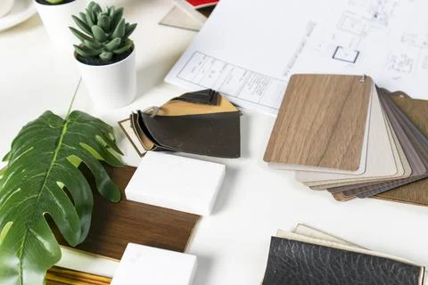 Interior materials include laminated planks, real wood, white stone materia.. Stock Photos