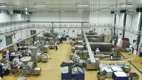 Interior of meat processing plant with equipment and workers in uniform Stock Footage 122588080