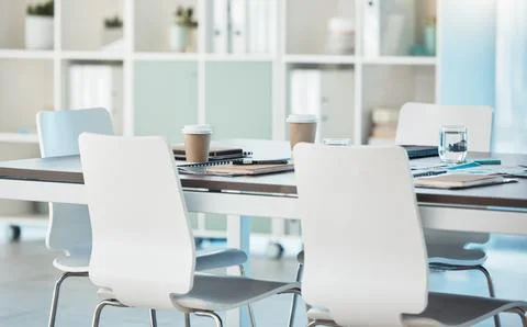 Interior, meeting and empty office for a presentation with a table, chairs and Stock Photos