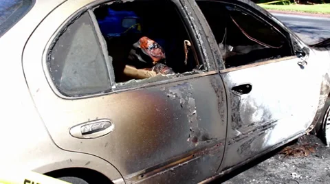 Interior melted inside a burnt car Stock Footage 32113700