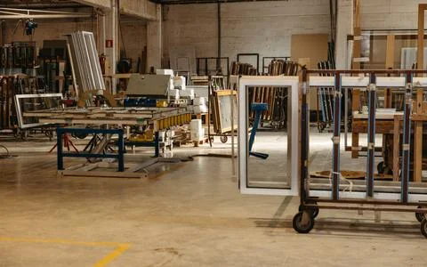 Interior of metal carpentry workshop with finished window frames Stock Photos