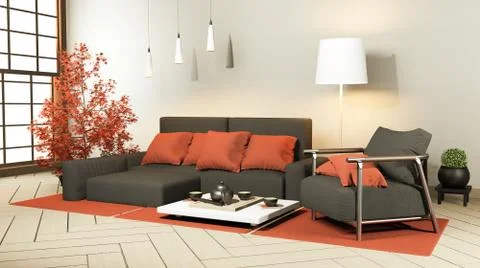 Interior mock up with black sofa and decoration japanese style on zen room. 3 Stock Illustration