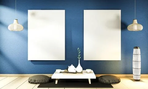 Interior mock up Chinese style dark blue Room interior. 3D rendering Stock Illustration