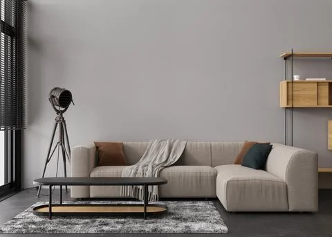 Interior mock up, loft style. Empty wall in modern living room. Copy space for Stock Illustration