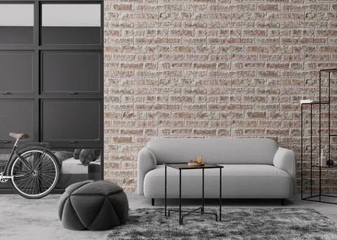 Interior mock up, loft style. Empty wall in modern living room. Copy space for Ilustração Stock