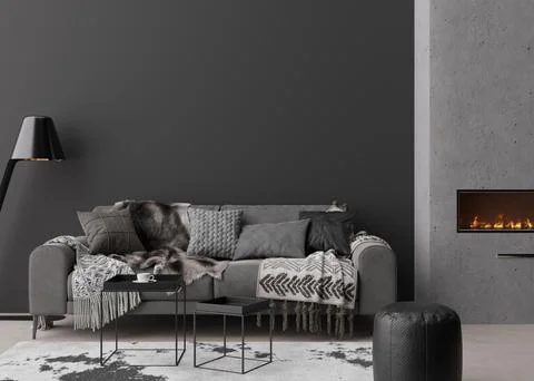 Interior mock up, loft style. Empty wall in modern living room. Copy space for Stock Illustration
