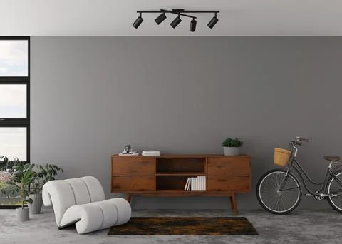 Interior mock up, loft style. Empty wall in modern living room. Copy space for Stock Illustration