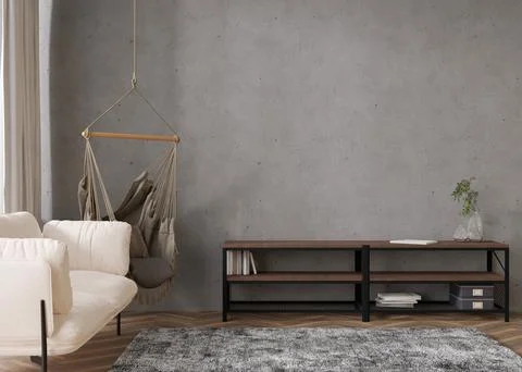 Interior mock up, loft style. Empty wall in modern living room. Copy space for Stock Illustration