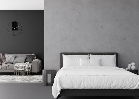 Interior mock up, loft style. Empty wall in modern bedroom. Copy space for your Ilustração Stock
