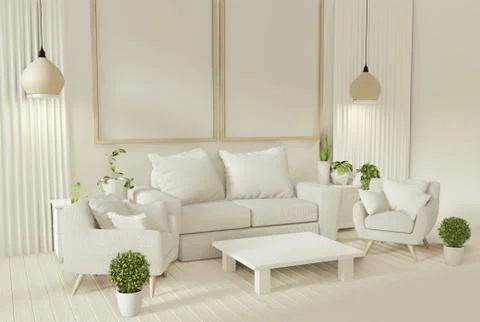 Interior mock up poster with sofa and decoration plants in living room with w Stock Illustration