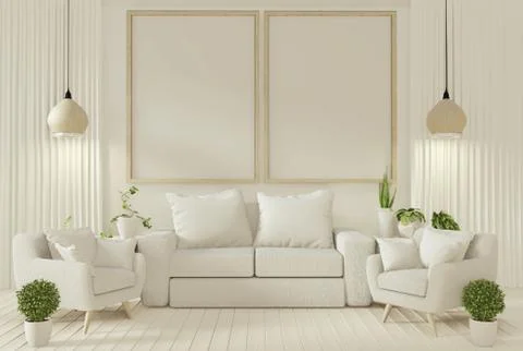 Interior mock up poster with sofa and decoration plants in living room with w Stock Illustration