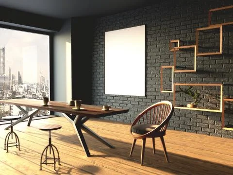 Interior mockup framed poster 3d rendering Stock Illustration
