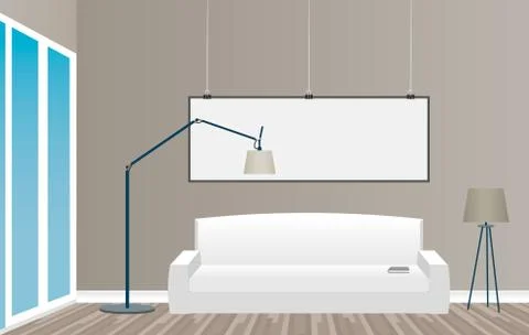Interior mockup in loft style with empty frame, sofa and window. Hipster desi Stock Illustration