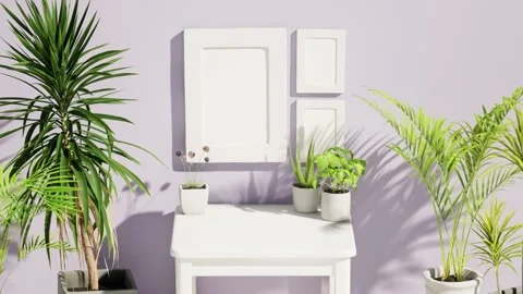 Interior mockup picture frames on the lavander wall background, house plants and Stock Footage 202970878