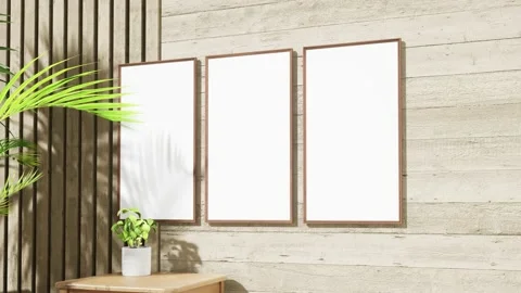 Interior mockup three picture frames on wooden wall,minimalism,small table and h Stock Footage 202975349