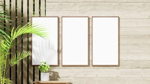 Interior mockup three picture frames on wooden wall,minimalism,small table and h Stock Footage 202975497