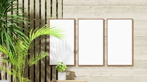 Interior mockup three picture frames on wooden wall,minimalism,small table and h Stock Footage 202975897