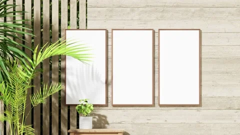 Interior mockup three picture frames on wooden wall,minimalism,small table and h Stock Footage 202976012