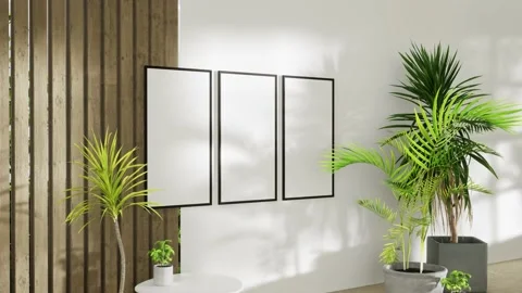 Interior mockup three picture frames on wooden wall,minimalism,small table and h Stock Footage 202976013