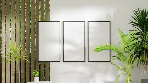 Interior mockup three picture frames on wooden wall,minimalism,small table and h Stock Footage 202976014