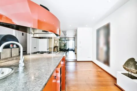 Interior of modern apartment with open concept kitchen Stock Photos
