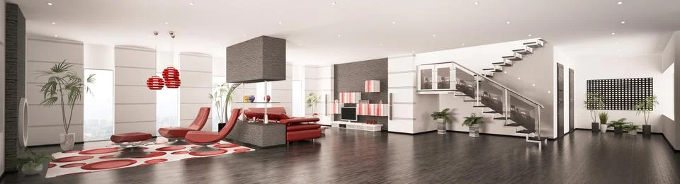 Interior of modern apartment panorama 3d render Stock Illustration