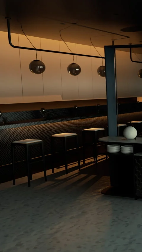 Interior of a modern bar during evening hours with stools and lighting Stock Footage 338382071
