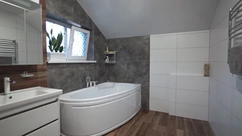 Interior of a modern bathroom with seperate bath Stock Footage 162034942
