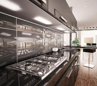 Interior of modern black kitchen 3d render Stock Illustration