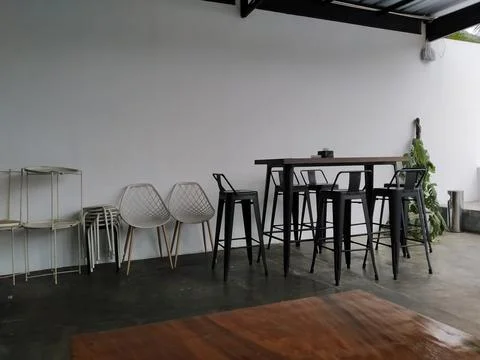 Interior of a modern cafe, , dining table, chairs and tables, coffee 스톡 사진