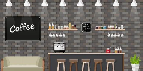 Interior of a modern coffee shop. Empty cafe without people, restaurant. Flat Stock Illustration