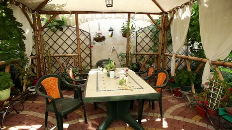 The interior of a modern covered summer-house Stock Footage 64079098