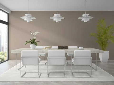 Interior of modern design dining room with palm 3D rendering Stock Illustration
