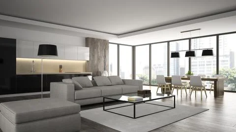 Interior of the modern design loft angle view 3D rendering Stockillustratie