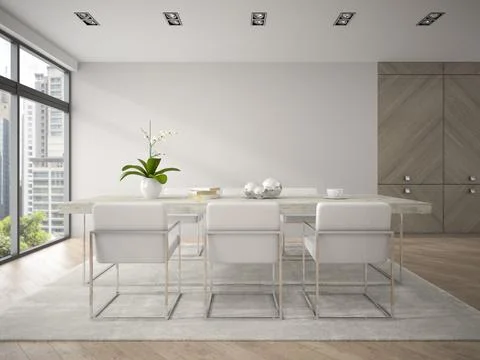 Interior of modern design loft with big table 3D rendering 4 Stock Illustration
