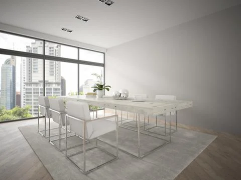 Interior of modern design loft with big table 3D rendering 3 Stock Illustration