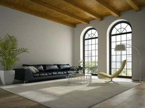 Interior of modern design loft with black sofa 3D rendering イラスト素材