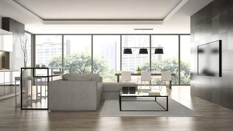 Interior of the modern design loft with black wall 3D rendering Stock Illustration