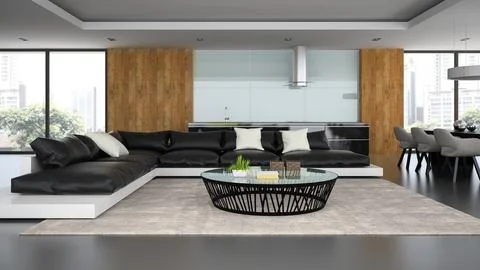 Interior modern design loft with black sofa 3D rendering イラスト素材