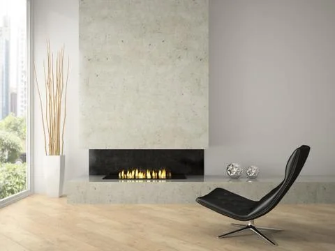 Interior of modern  design loft  with fireplace 3D rendering Stock Illustration