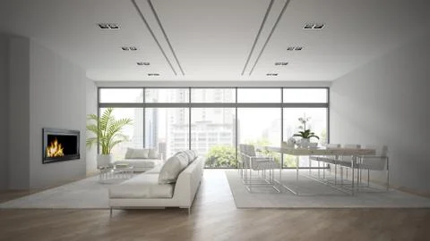 Interior of modern design loft with fireplace 3D rendering Stock Illustration