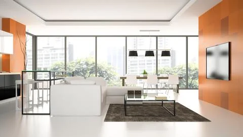 Interior of the modern design loft with orange wall 3D rendering Stock Illustration