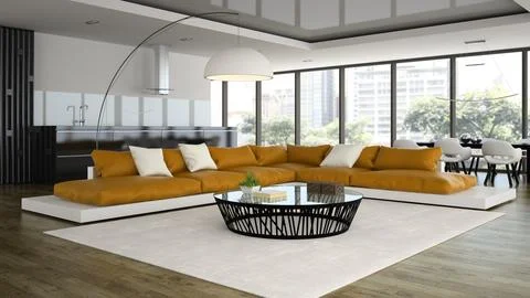 Interior modern design loft with orange sofa 3D rendering Stock Illustration