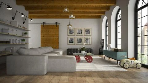 Interior of modern design loft with toy car 3D rendering Stock Illustration