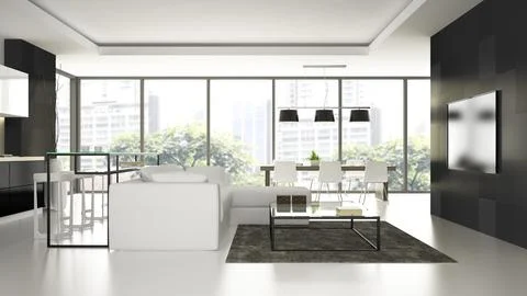 Interior of the modern design loft with white floorl 3D rendering Stock Illustration