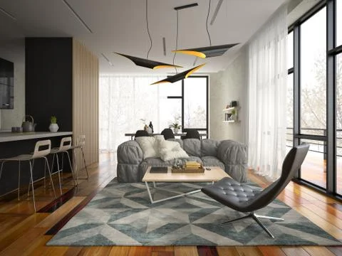 Interior modern design room 3D illustration Stock Illustration