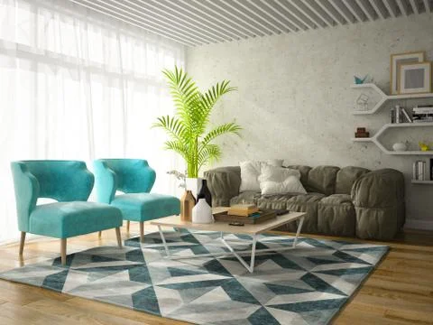 Interior modern design room 3D illustration Stock Illustration