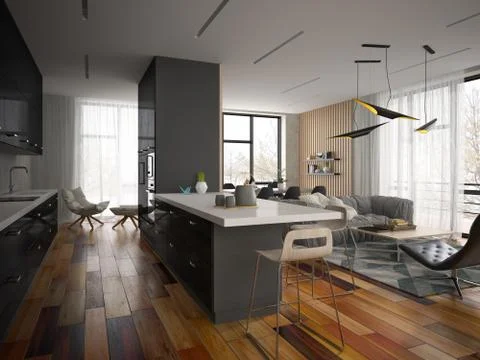 Interior modern design room 3D illustration Stock Illustration