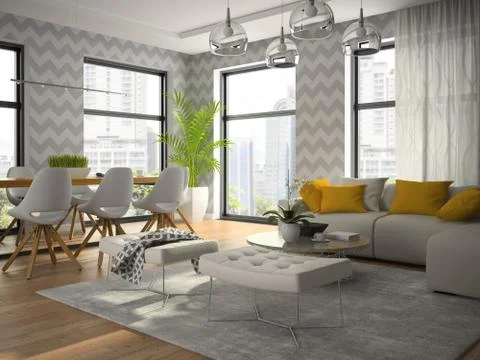 Interior of modern design room with grey wallpaper 3D rendering Stock Illustration
